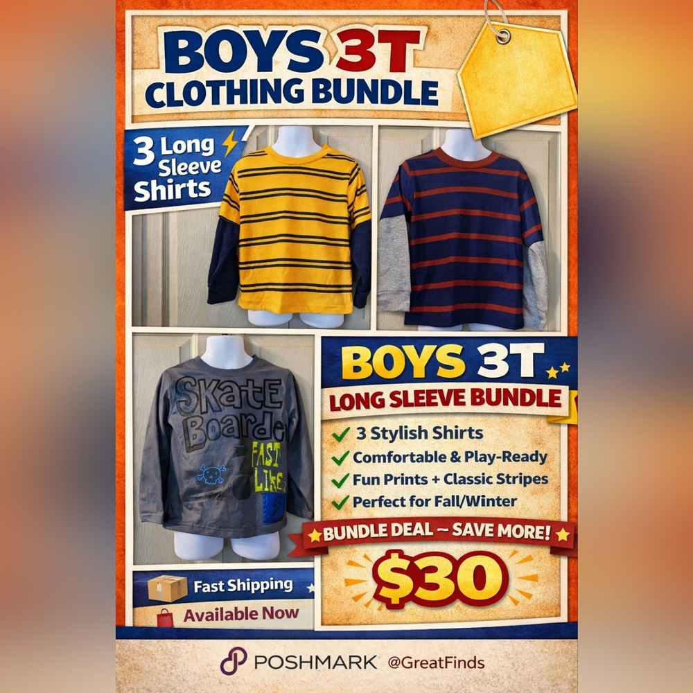 Gerber Graduates Boys 3T Long Sleeve Shirt Bundle 3pc Stripes + Graphic Tee, T1A